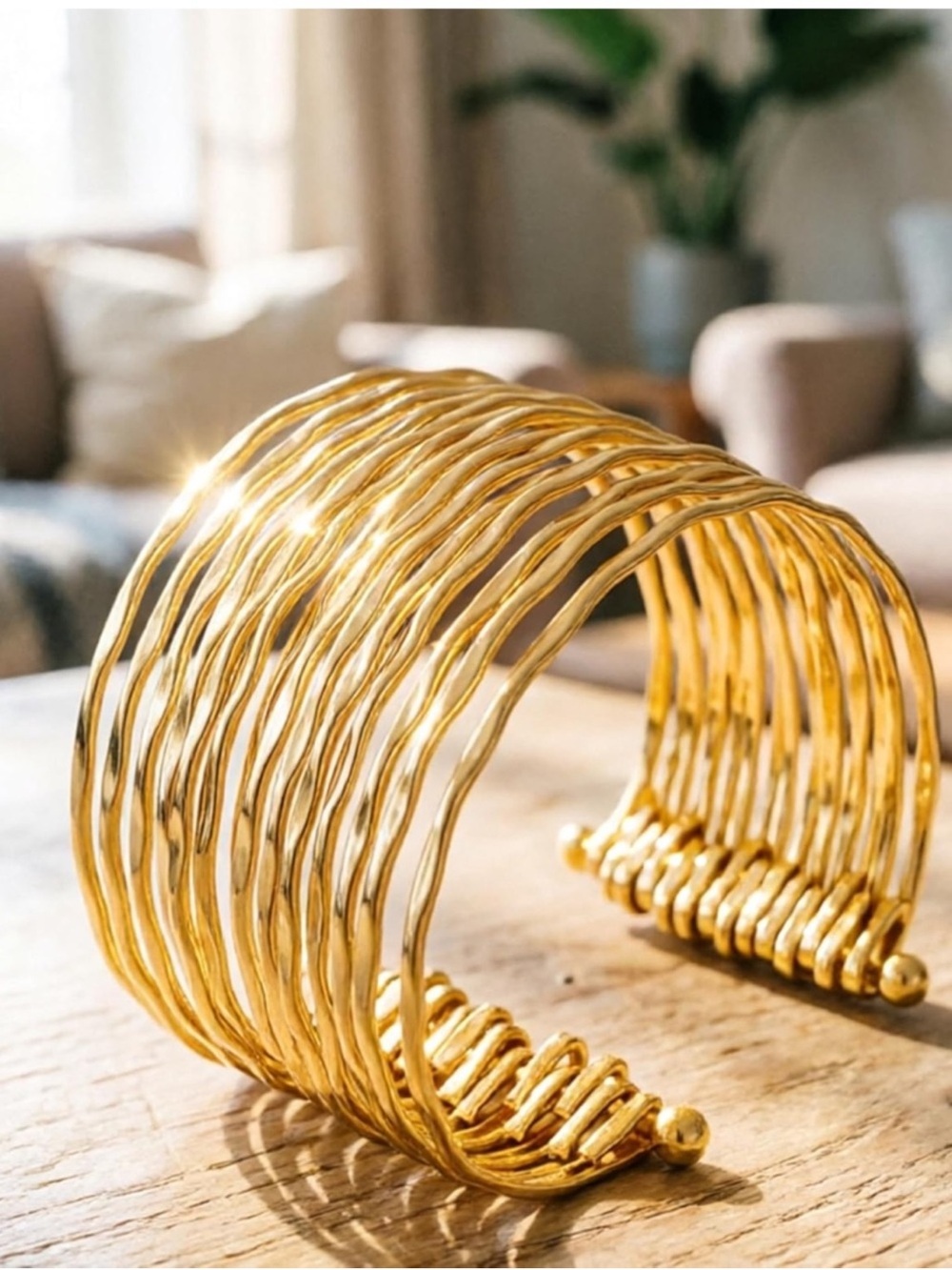 Gold Tone Wide Multi Strand Cuff Bracelet Layered Statement Bangle Jewelry